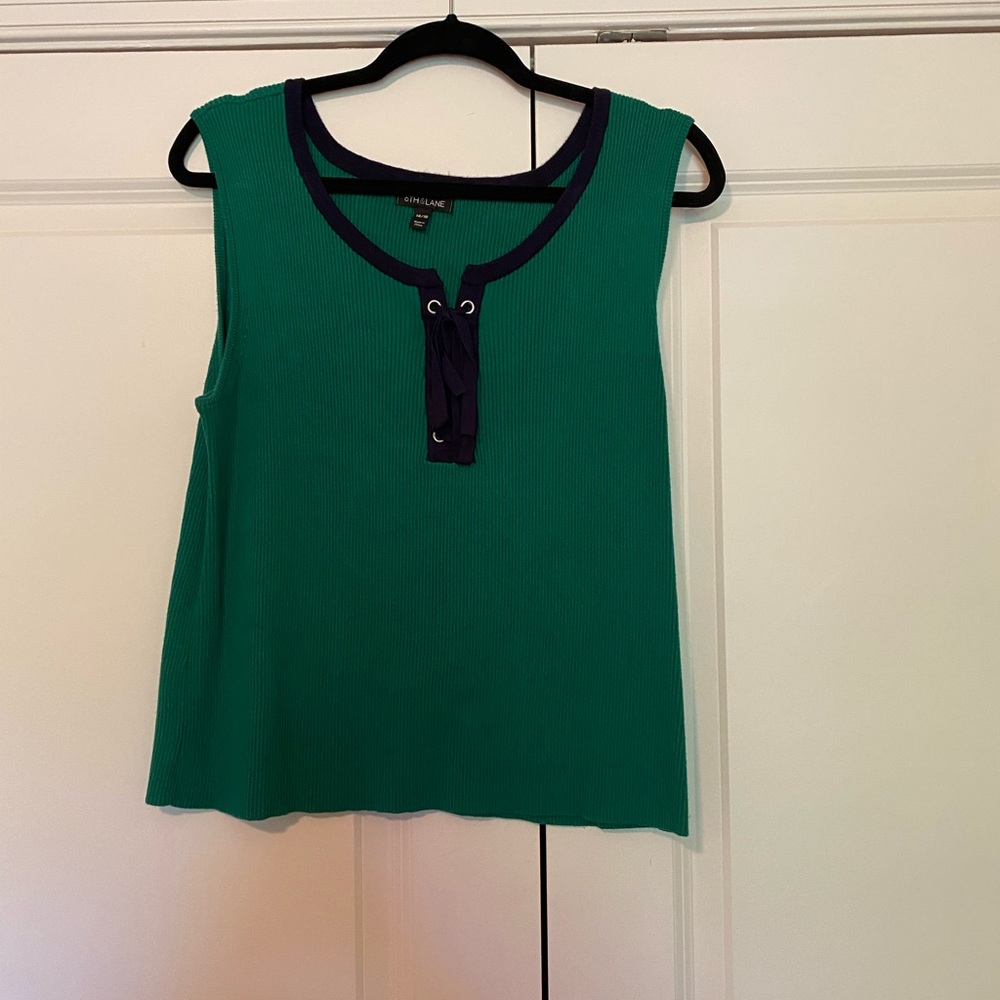 Green sweater tank with navy trim